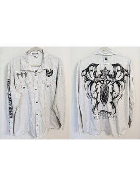 Ablanche Street Wear Y2K Vintage 2xl Graphic Wings Cross Button Down Shirt